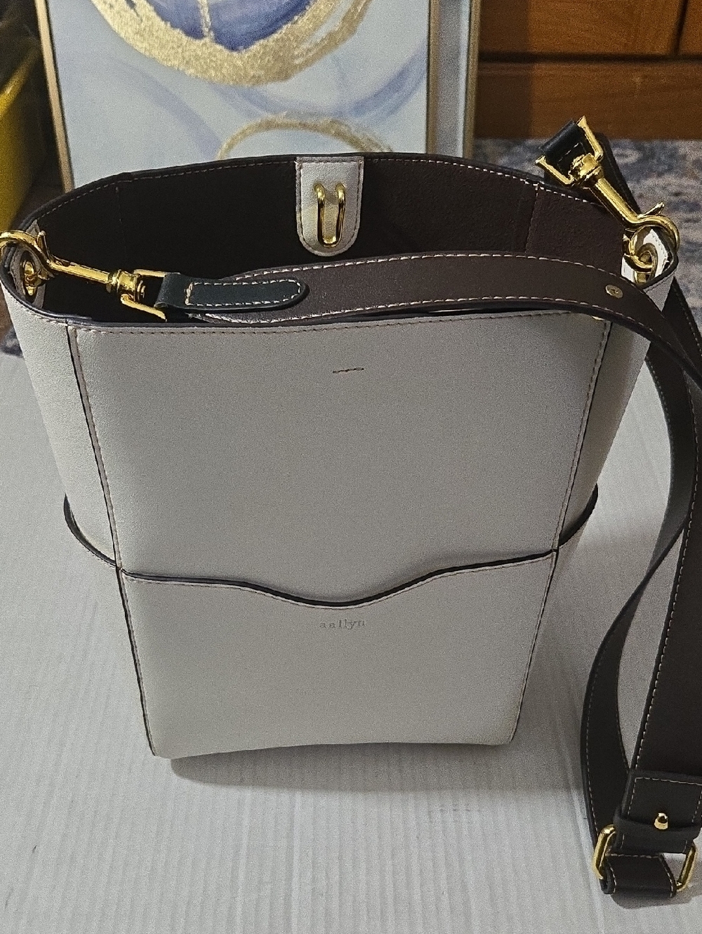 AAllyn Structured Two-Tone Bucket Bag - Light Gray and Dark Brown